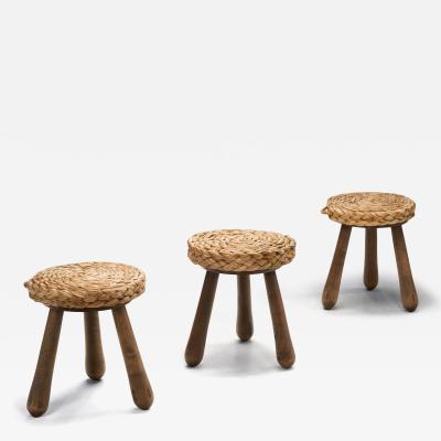  Adrien Audoux Frida Minet Set of Three Stools with Plaited Wicker Seats Europe Mid 20th Century