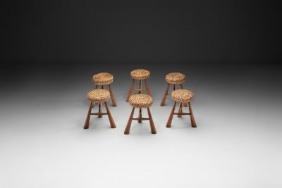  Adrien Audoux Frida Minet Six Stools with Woven Seats in the manner of Audoux Minet France 1950s