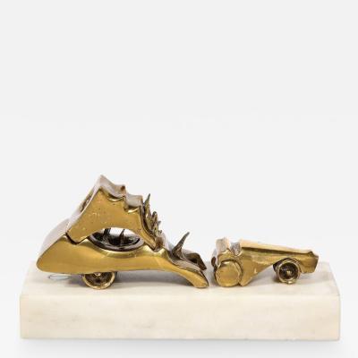  Aharon Bezalel Mid Century Modernist Car Sculpture in Brass on Marble Base by Aharon Bezalel