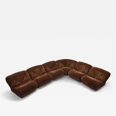  Airborne Six Piece Brown Patate Modular Sofa for Airborne France 1970s