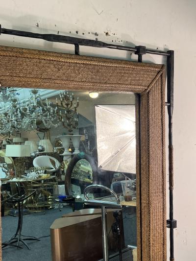  Alberto Deigo Giacometti BRUTALIST SCULPTED METAL AND WOVEN WICKER MIRROR IN THE MANNER OF GIACOMETTI