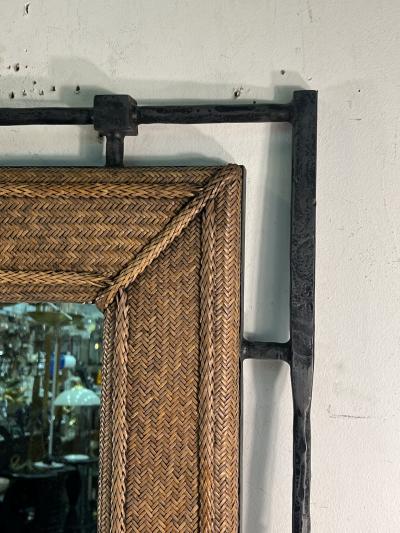 Alberto Deigo Giacometti BRUTALIST SCULPTED METAL AND WOVEN WICKER MIRROR IN THE MANNER OF GIACOMETTI