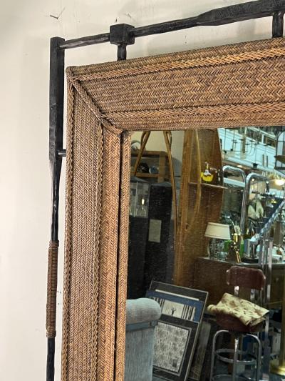  Alberto Deigo Giacometti BRUTALIST SCULPTED METAL AND WOVEN WICKER MIRROR IN THE MANNER OF GIACOMETTI