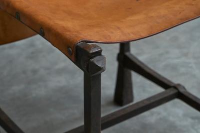  Alberto Diego Giacometti Brutalist High Back Chair in Wrought Iron and Patinated Cognac Leather 1960s