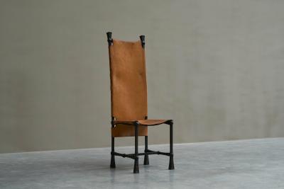  Alberto Diego Giacometti Brutalist High Back Chair in Wrought Iron and Patinated Cognac Leather 1960s