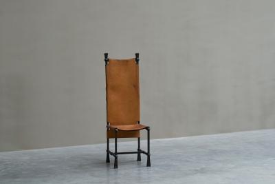 Alberto Diego Giacometti Brutalist High Back Chair in Wrought Iron and Patinated Cognac Leather 1960s
