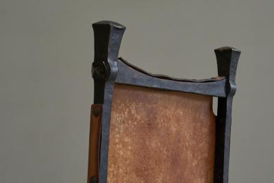  Alberto Diego Giacometti Brutalist High Back Chair in Wrought Iron and Patinated Cognac Leather 1960s