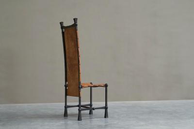  Alberto Diego Giacometti Brutalist High Back Chair in Wrought Iron and Patinated Cognac Leather 1960s
