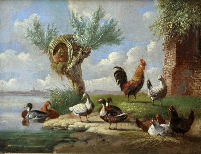  Albertus Verhoesen Pair of paintings with poultry near water