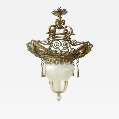  Alessandro Mazzucotelli Alessandro Mazzucotelli wrought Iron and Murano glass ceiling lamp Italy 1920s