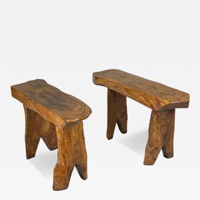  Alexandre Noll Pair French Modern Craftsman Hand Carved Chestnut Benches Attr Alexandre Noll