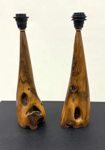  Alexandre Noll Pair of French Organic Modern Craftsman Olive Wood Table Lamps Alexandre Noll