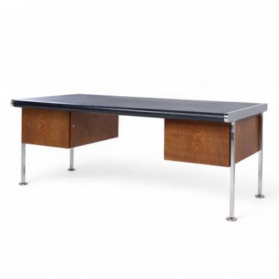  Alma Desk Company Alma Style Mid Century Leather and Chrome Executive Desk