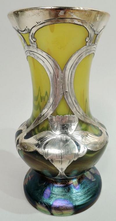  Alvin Antique Austrian Art Nouveau Vase with Alvin Silver Overlay