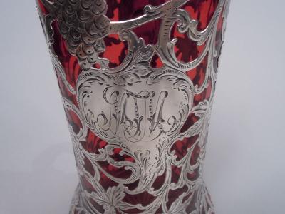  Alvin Corp Alvin American Art Nouveau Red Silver Overlay Claret Jug