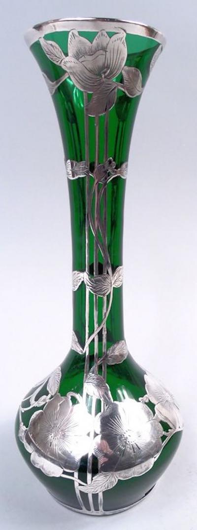  Alvin Corp Alvin Art Nouveau Green Vase with Floral Silver Overlay