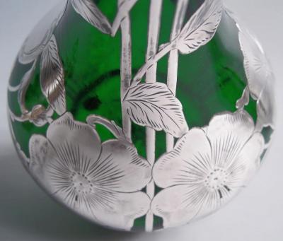  Alvin Corp Alvin Art Nouveau Green Vase with Floral Silver Overlay