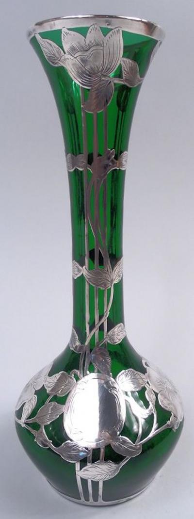 Alvin Corp Alvin Art Nouveau Green Vase with Floral Silver Overlay