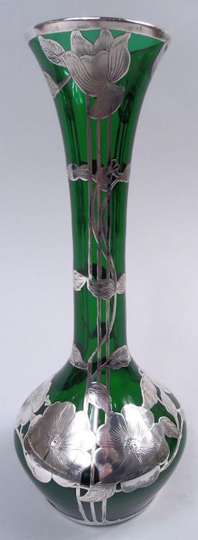  Alvin Corp Alvin Art Nouveau Green Vase with Floral Silver Overlay