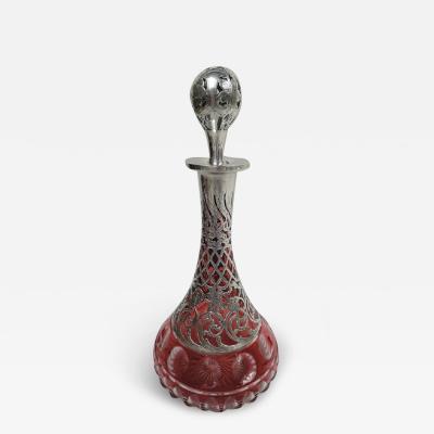  Alvin Johnson Co Antique Alvin Art Nouveau Silver Overlay Cranberry Cut Glass Decanter