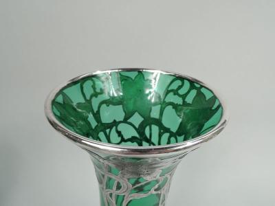  Alvin Johnson Co Tall Antique Art Nouveau Green Silver Overlay Vase by Alvin