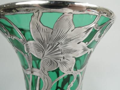  Alvin Johnson Co Tall Antique Art Nouveau Green Silver Overlay Vase by Alvin