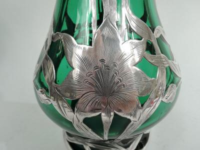  Alvin Johnson Co Tall Antique Art Nouveau Green Silver Overlay Vase by Alvin