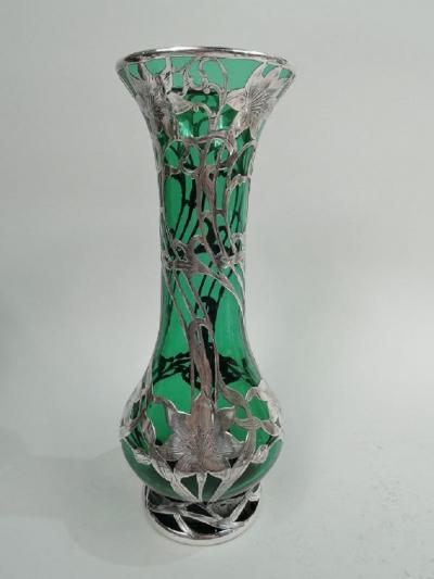  Alvin Johnson Co Tall Antique Art Nouveau Green Silver Overlay Vase by Alvin