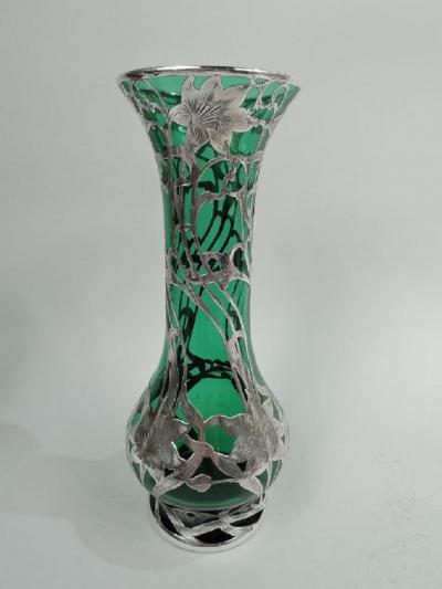  Alvin Johnson Co Tall Antique Art Nouveau Green Silver Overlay Vase by Alvin