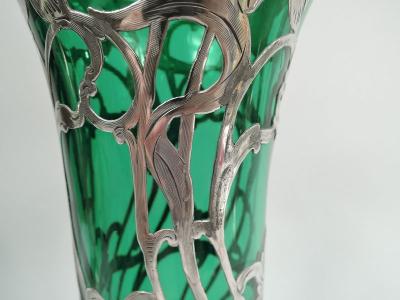  Alvin Johnson Co Tall Antique Art Nouveau Green Silver Overlay Vase by Alvin