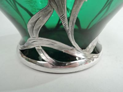  Alvin Johnson Co Tall Antique Art Nouveau Green Silver Overlay Vase by Alvin