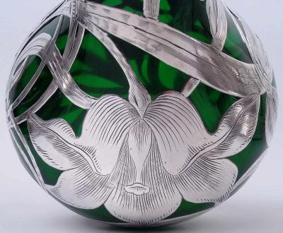  Alvin Tall Alvin Art Nouveau Green Silver Overlay 14 Inch Vase