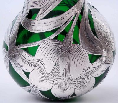  Alvin Tall Alvin Art Nouveau Green Silver Overlay 14 Inch Vase