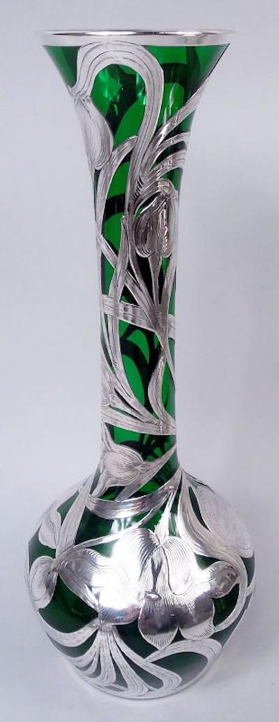  Alvin Tall Alvin Art Nouveau Green Silver Overlay 14 Inch Vase