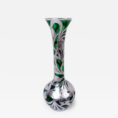  Alvin Tall Alvin Art Nouveau Green Silver Overlay 14 Inch Vase