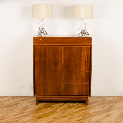  American of Martinsville American of Martinsville walnut Mid Century Modern high chest with brass inlay