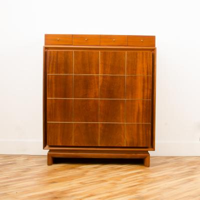  American of Martinsville American of Martinsville walnut Mid Century Modern high chest with brass inlay
