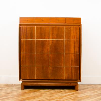  American of Martinsville American of Martinsville walnut Mid Century Modern high chest with brass inlay