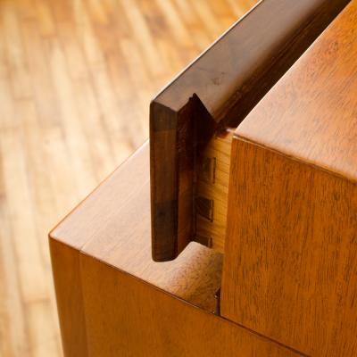  American of Martinsville American of Martinsville walnut Mid Century Modern high chest with brass inlay