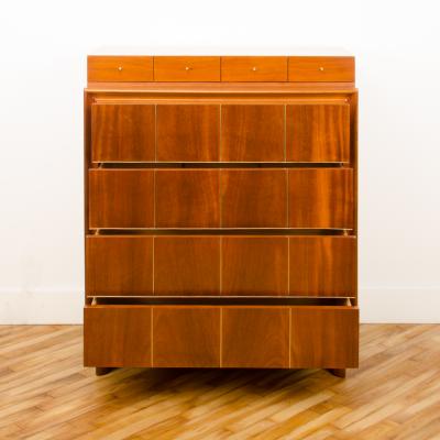  American of Martinsville American of Martinsville walnut Mid Century Modern high chest with brass inlay