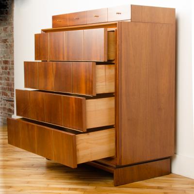  American of Martinsville American of Martinsville walnut Mid Century Modern high chest with brass inlay