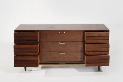  American of Martinsville Mid Century Modern Walnut Dresser with Brass Accents C 1950s