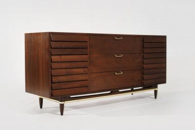  American of Martinsville Mid Century Modern Walnut Dresser with Brass Accents C 1950s