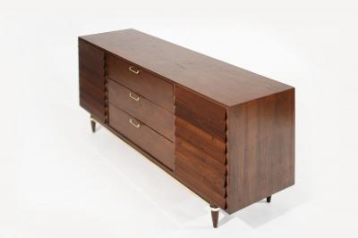  American of Martinsville Mid Century Modern Walnut Dresser with Brass Accents C 1950s