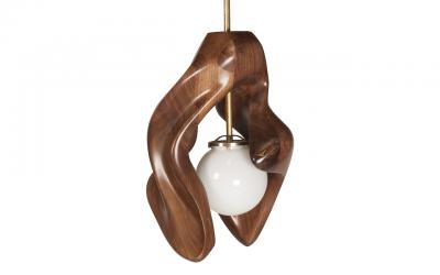  Amorph Amorph Tulip Pendant in Solid Walnut Wood and Opal Shade