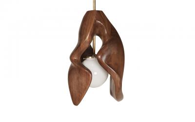  Amorph Amorph Tulip Pendant in Solid Walnut Wood and Opal Shade