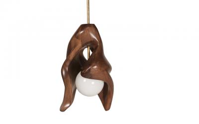  Amorph Amorph Tulip Pendant in Solid Walnut Wood and Opal Shade