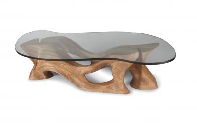  Amorph Futuristic Modern Sclupture Wooden Coffee Table Organic Shape Glass