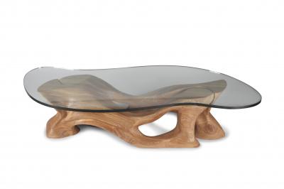  Amorph Futuristic Modern Sclupture Wooden Coffee Table Organic Shape Glass