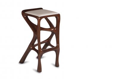  Amorph Modern Barstool Solid Wood with White Leather and Stained Walnut